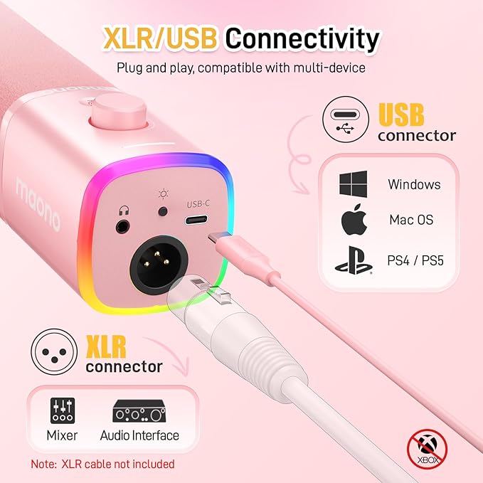 MAONO USB/XLR Podcasting Microphone for PC Gaming Streaming Dynamic Mic with Mute Button RGB Desktop StandComputer Mic for Video Studio Recording-PD100XPink