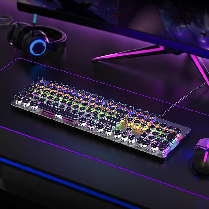 RisoPhy Typewriter Style Mechanical Gaming Keyboard Metal Panel Retro Punk Round Keycaps Clicky Blue Switch Rainbow LED Backlit 104 Keys Wired Keyboard Round Keycaps for PC Laptop Mac Gamer