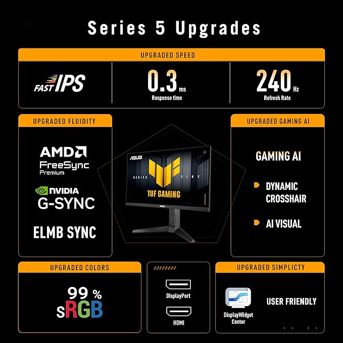ASUS TUF Gaming Series 5 23.8” 1080P Monitor (VG249QML5A) - Fast-IPS 240Hz 0.3ms G-SYNC Compatible FreeSync Premium 99% sRGB Height Adjustable DisplayWidget Gaming AI 3 yr Warranty