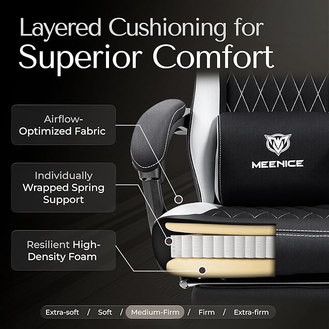 Gaming Chair Fabric with Pocket Spring CustionErgonomic High Back Video Game Chair with Footrest Massage Lumbar Support Comfy Computer Chair for Adults Game Office Black&ampWhite