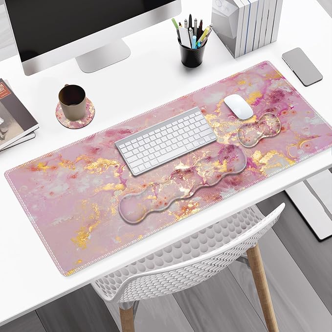 Gaming Mouse Pad Keyboard Wrist Support 4 in1 Mousepad Set with Wrist Keyboard Rest Computer Desk Mat Non-Slip Desk Pad Protector with Memory Foam Easy Typing Pain Relief I Nice Pink Marble