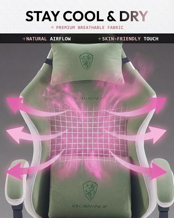 Dowinx Fabric Gaming Chair Computer Office Chair with Pocket Spring Cushions and Lumbar Support Ergonomic Massage Gaming Chairs with Footrest for Big and Tall Green