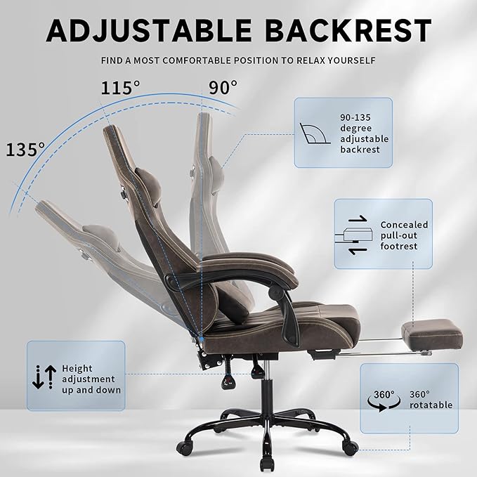 Brown Gaming Chairs with Footrest PVC Leather Video Game Chair for Adults Ergonomic Gaming Chair with Headrest &amp Lumbar Support Reclining Gamer Chairs with Adjustable Backrest (Brown)