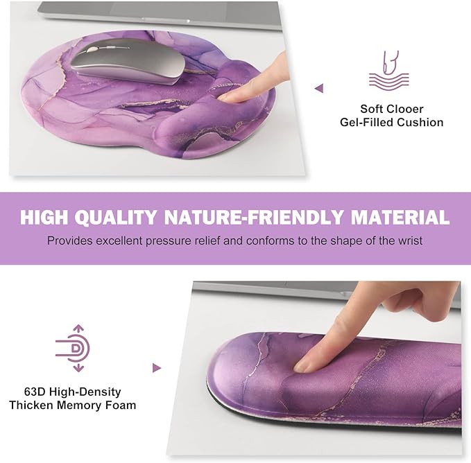 ToLuLu Desk Mat XXL Large Mouse Pad Wrist Support Set4 in1 Gaming Mousepad Desk Pad+ Ergonomic Mouse Pad with Wrist Rest + Keyboard Wrist Rest+Coaster for Women Home Office Computer Purple Marble