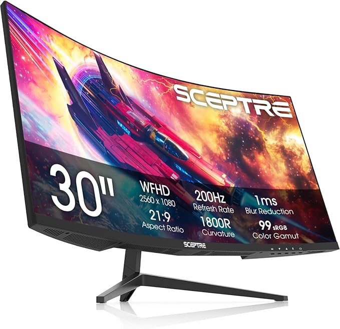 New! Sceptre Curved 30-inch Gaming Monitor 200+Hz FreeSync Build-in Speakers 2560 x 1080p HDMI DP Machine Black 2026 (C305B-200UN Series)