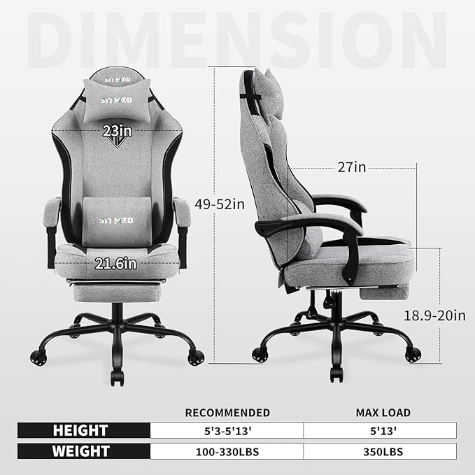 Gaming Chair Fabric with Pocket Spring CushionErgonomic Computer Office Chair Cloth with Footrest and HeadrestHigh Back Game Chair with Lumbar SupportAdjustable Backrest for AdultsGray