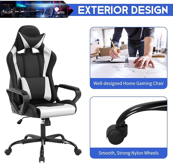 Ergonomic Gaming Chair Home Office Desk Chair with Headrest and Lumbar Support for Adults Height Adjustable Computer Chairs Pu Leather 360° Swivel High-Back White