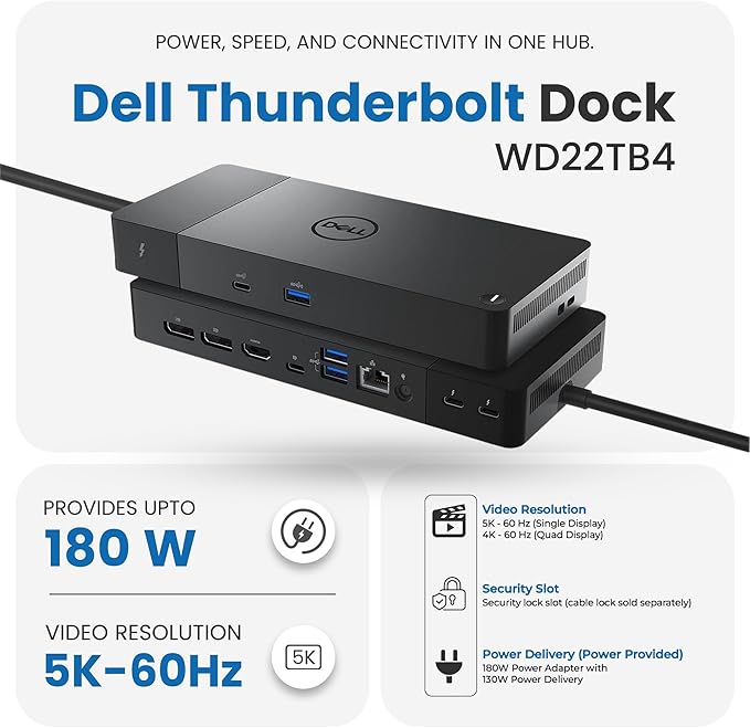 Dell WD22TB4 Thunderbolt 4 Dock 180W - 40Gbps 3-Year Warranty USB-C/USB-A Dell Docking Station with 180W Adapter + Techtray Cables &amp Cloth - Supports Dual/Triple Monitor &amp 4K Displays (New)