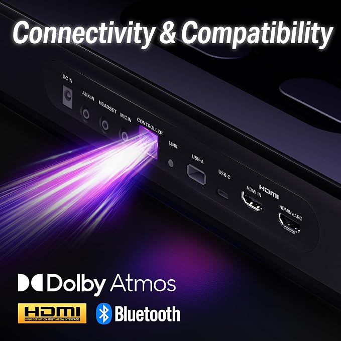 OXS Thunder Pro+ Gaming Soundbar with Wireless Satellite Neck Speaker 7.1.2 Dolby Atmos Surround Sound System Built-in Woofer App Customization RGB Effects 3 Pro Gamer Modes Sleek Toggle Design