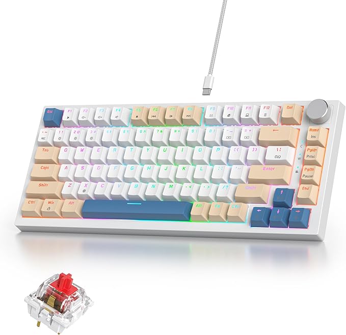 75% Mechanical Creamy Keyboard with Volumn Knob Gasket Hot Swappable RGB Gaming Keyboard Wired Custom Keyboard with Red Switch 82 Keys Compact Creamy White