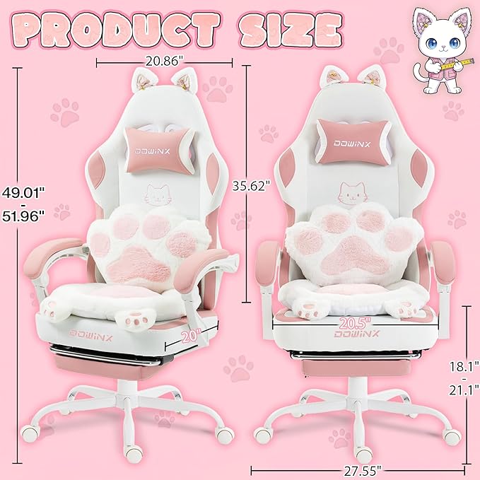 Dowinx Gaming Chair with Cat Ears and Paw Lumbar Pillow Ergonomic Reclining Chair Memory Foam and Spring Cushion Footrest 300lbs Capacity Cute and Comfortable Design for Women &amp Girls