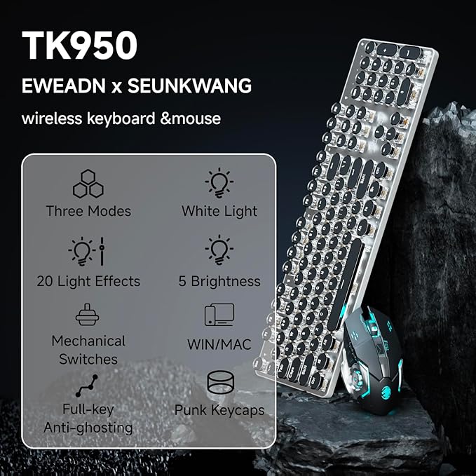 EWEADN TK950 Typewriter Mechanical Keyboard and Mouse 104 Keys Aesthetic Typewriter Keyboard Mouse Combo with White Backlit Anti-Ghosting Black Switch Bluetooth/2.4GHz/Wired Cute Keyboards-Black