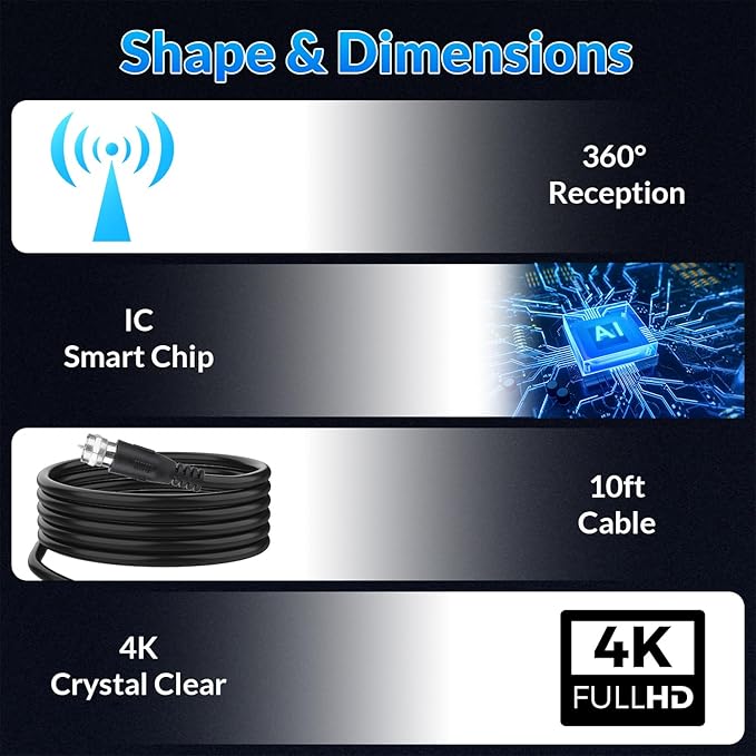 TV Antenna for Smart TV Indoor Long Range Digital HDTV Antenna for Local Channels in 4K 1080p - 360° Reception with Strong Magnetic Base Easy Setup for Free Over-The-Air Channels No Cable