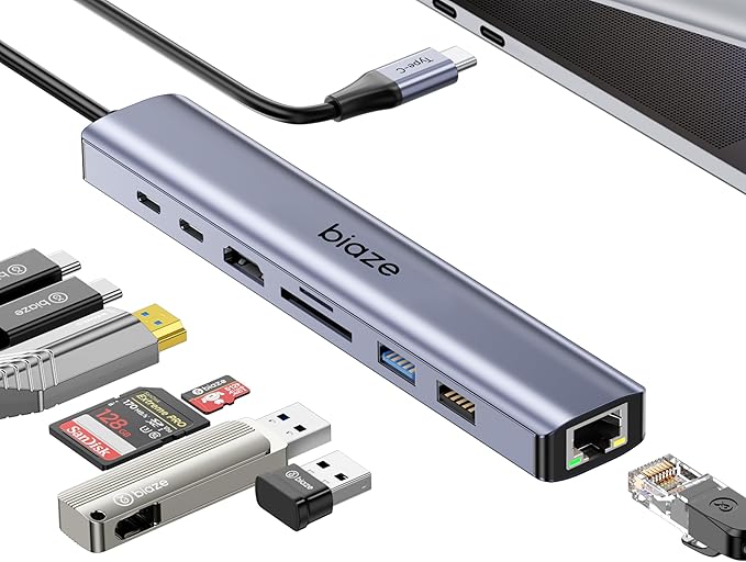 8-in-1 USB-C Hub for MacBook Pro with 4K HDMI Adapter Supporting 100W PD Fast Charging 100Mbps Ethernet 2 USB 3.0 Ports and SD/TF Card Reader. Compatible with MacBook and Type-C laptops.