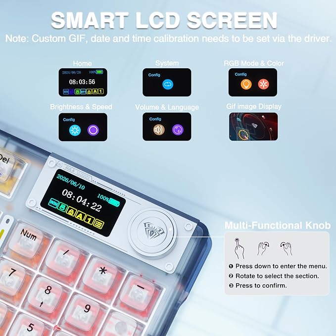 AULA F98 Pro Wireless Mechanical Keyboard with Transparent KeycapsHot-swappablePre-lubed Linear SwitchesGasket StructureRGB BacklitOLED ScreenBT5.0/2.4G/USB-C Wired Computer Keyboard