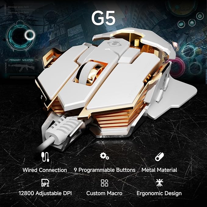 EWEADN G5 Wired Gaming Mouse Ergonomic RGB Computer Mouse 12800 Adjustable DPI 9 Programmable Macro Buttons with Rapid Fire Key Compatible for PC/Laptop/Windows-White