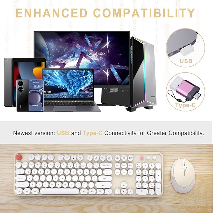 Wireless Keyboard and Mouse Combo Ergonomic Full Size Typewriter Retro Round Keycaps Keyboard Compatible with Windows PC Perfer for Home and Office Keyboards (Beige