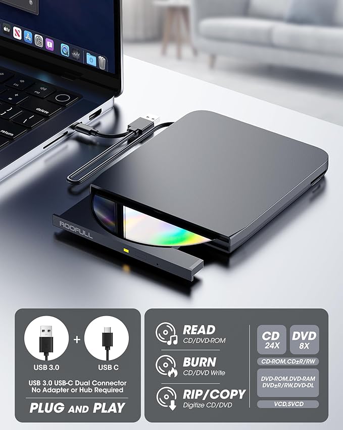 ROOFULL New USB 3.0 External CD DVD Drive with Ethernet Adapter USB-A/C Ports SD/TF Card Slot Carrying Case USB-C CD DVD Reader Burner Writer Player Optical Disc Drive for Windows &amp Mac Laptop