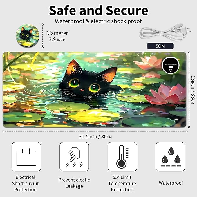 Warm Desk PadHeated Desk PadOffice Mat3 Heating Levels &amp 3 Hours Auto Shut-Off31.5*13 Gaming Mouse Laptop Keyboard Leather Desk MatCartoon Lotus Cat
