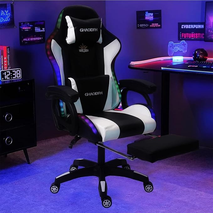 Video Gaming Chair with FootrestGame Chair with Bluetooth SpeakersComputer Chair with LED LightsErgonomic Massage Gaming Chair with Massage Function360°Swivel 90°-135° Adjustment Backrest (White)