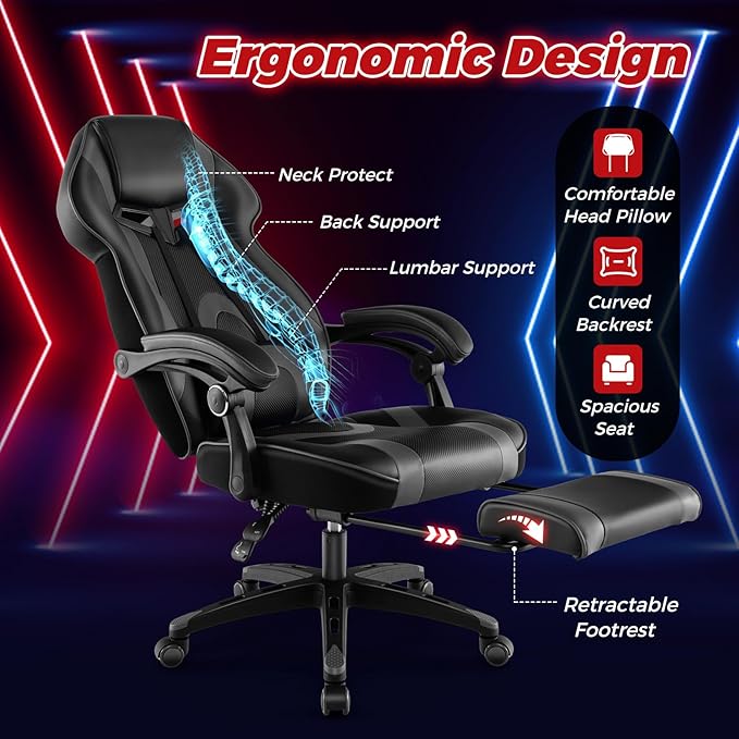 COSTWAY Gaming Chair Ergonomic Adjustable Racing Video Game Chair w/Retractable Footrest Padded Headrest &amp Lumbar Support High Back Reclining Home Office Computer Gamer Chair for Adults (Grey)
