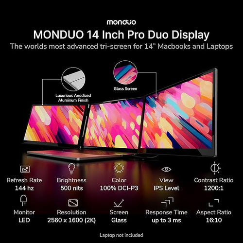 14 Pro Triple Laptop Glass Screen Extender Dual 14 2k Portable Monitors 144Hz 100% DCI-P3 500 Nits Aluminum Finish for 14 MacBook Pro &amp Windows for Gaming Creators &amp Professional