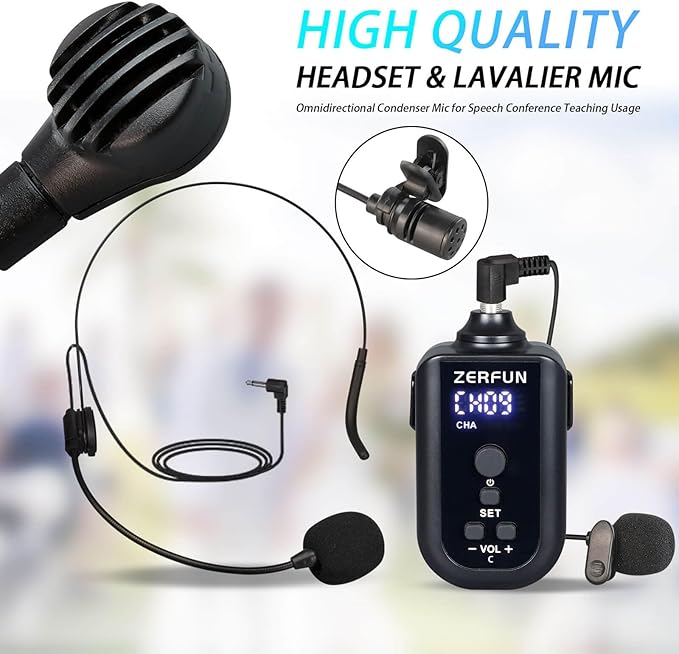 Rechargeable Wireless Microphone System 4 Channel Pro UHF Metal Handheld Headset Lavalier Lapel Mics Cordless for Church Karaoke Singing with Volume Control 4x50 Frequency(G8)