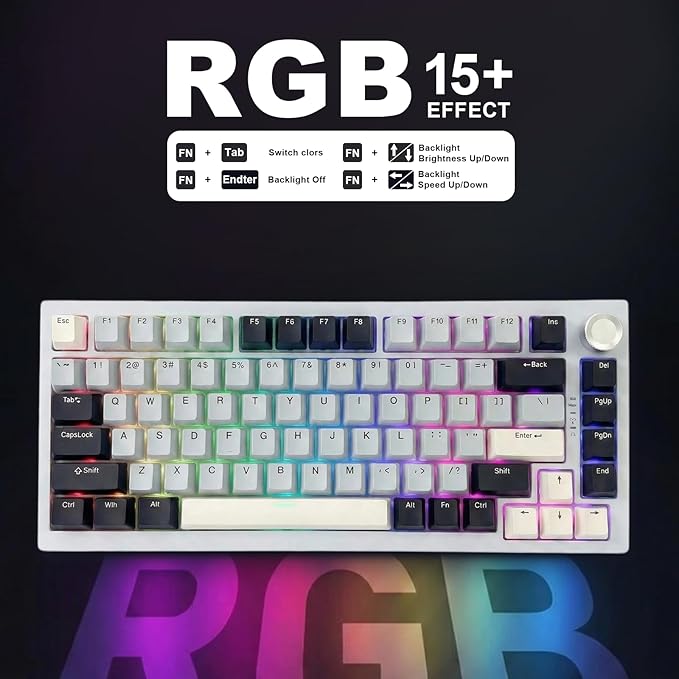 DstoPar Wireless Mechanical Keyboard75% Hot Swappable Gaming Keyboard with Multifunction knobRGB BacklitGasket StructurePBT Keycaps Bluetooth5.0/Type-C/2.4GK81 Mechanical Keyboard（Iceland Blue）