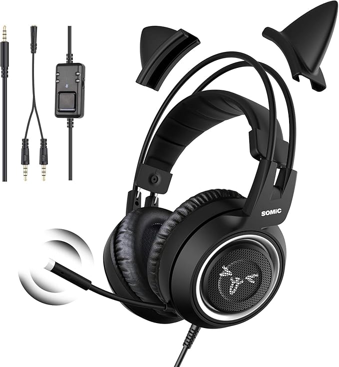 SOMIC Stereo Gaming Headset with Mic for PS4 PS5 Xbox One PC Mobile Phone 3.5MM Sound Detachable Cat Ear Headphones Lightweight Self-Adjusting Over Ear Office Headphones G951S Black