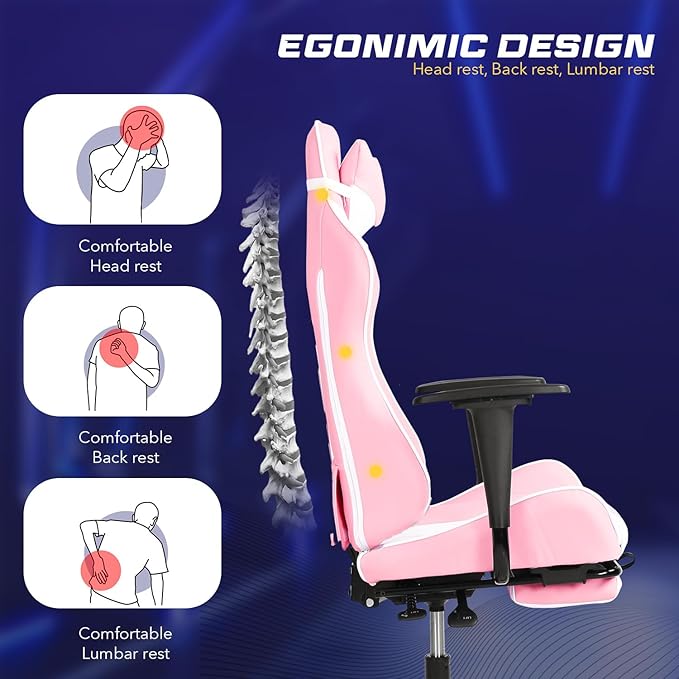 Gaming Chair Computer Office Chair Ergonomic Desk Chair Height Adjustable Recliner Swivel High Back with Lumbar Support Footrest Headrest Racing Style Desk ChairPink