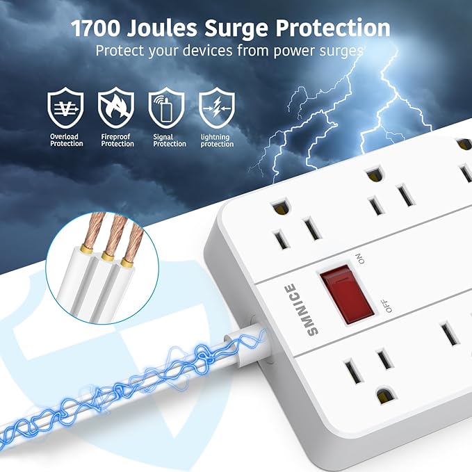 Flat Plug Extension Cord 15 Ft SMNICE Surge Protector Power Strip with 8 Widely Spaced Outlets and 6 USB(1USB C) Ports Wall Mount Long Charging Station for Dorm Home Office Accessories White