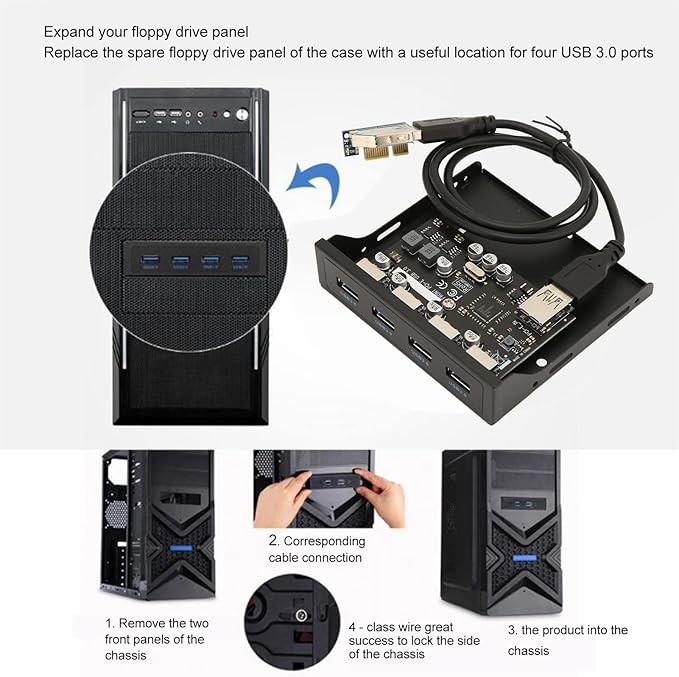 Front Panel PCIE to USB 3.0 Hub with 4 Port 3.5 Inch PC Front Panel Internal Card Reader PCIE USB Adapter with 4 X USB3.0 Output Port for Computer Case Front Bay