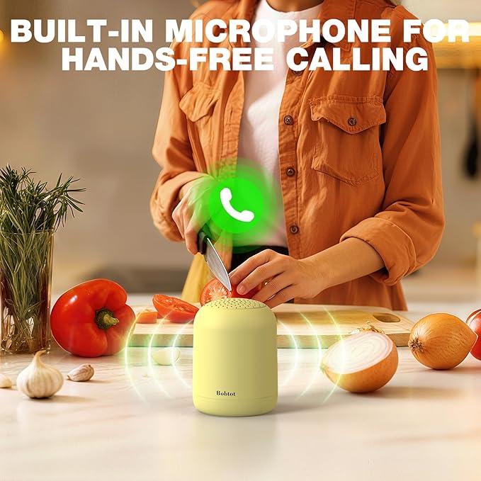Bobtot Portable Bluetooth Speakers Wireless Waterproof Shower Speaker with 24H Playtime Loud Stereo Sound TWS Built-in Microphone Small Size with Carry Lanyard Yellow