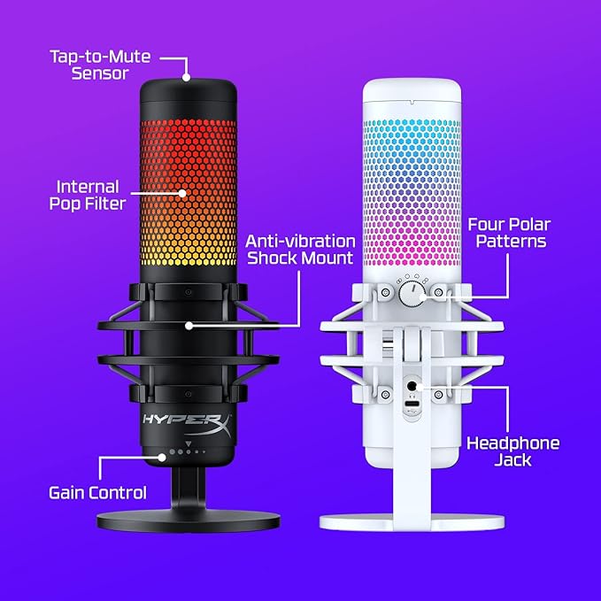 HyperX QuadCast S – RGB USB Condenser Microphone for PC PS4 PS5 and Mac Anti-Vibration Shock Mount 4 Polar Patterns Pop Filter Gain Control Gaming Streaming Podcasts Twitch YouTube Discord
