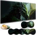 Gaming Mouse Pad Set Large Gaming Mouse Pad+Keyboard Wrist Rest+Mouse Wrist Rest+Coaster Easy Typing Pain Relief 31.5 × 11.8 inch Desk Mat for Home Office - Forest Green Dragon