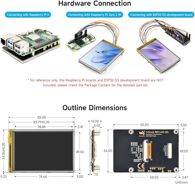 Waveshare 3.5inch Resistive Touch Display Compatible with Raspberry Pi 5/4B/3B Pi Pico IPS Panel 320×480 Immersion Gold Process 262K Color