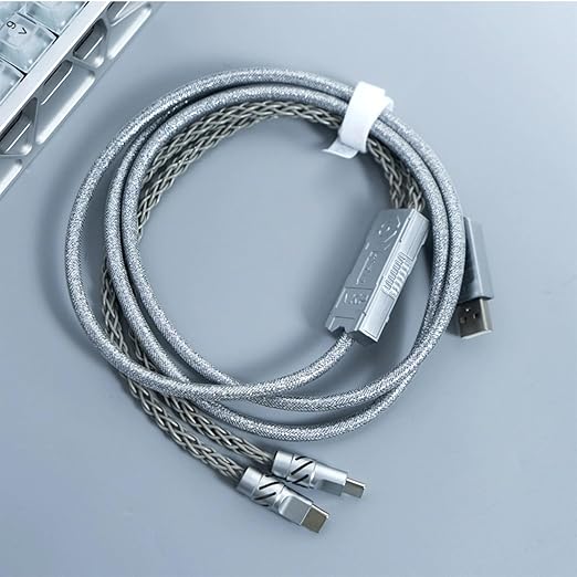2-IN-1 USB C Dual 8K Mechanical Keyboard Magnetic Axis Cable  6mm Thick Braided RGB Flash Cable No Interruption Metal Plug for Mechanical Keyboards/Mice/Hubs USB-C to USB-A1.5Meter (Silvery)