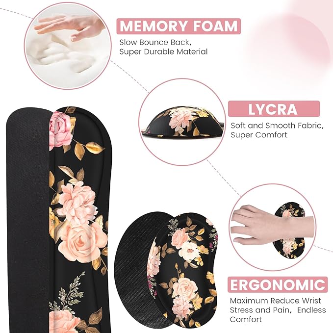XXL Desk Mat Large Floral Mouse Pad with Wrist Rest Keyboard Wrist Rest 3 in1 Desk Pad Matt Set Gaming Mousepad with Wrist Support Computer Mat for Desktop Office Women LaptopBlack Pink