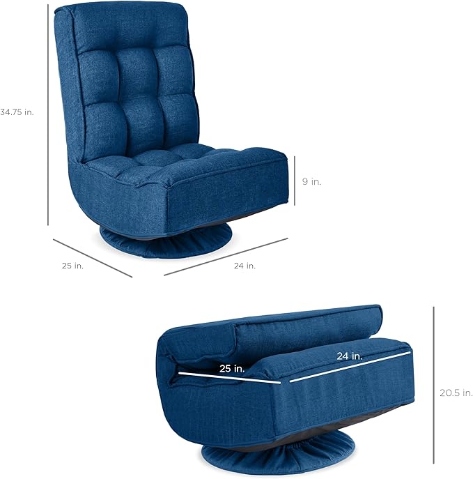 Best Choice Products Reclining Folding Floor Gaming Chair for Home Office Lounging Reading w/ 360-Degree Swivel 4 Adjustable Positions Tufted Cushions - Dark Blue