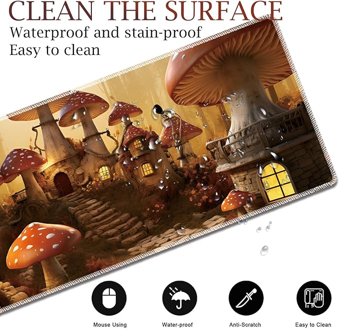 Large Gaming Table Pad 31.5 x 11.8 + Keyboard Wrist Pad + Mouse Wrist Pad + Coaster Non-Slip Base 4-in-1 Set Ergonomic Memory Foam Easy Typing Pain Relief Enchanting Mushroom Houses