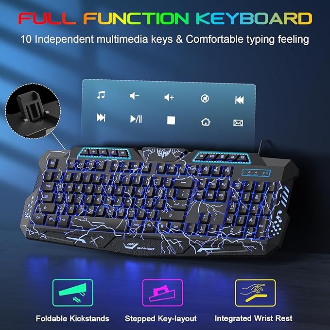 BlueFinger Backlit Gaming Keyboard Mouse and LED Headset Combo - USB Wired 3 Color Crack Backlit Blue LED Light Headset - Set for Work and Game