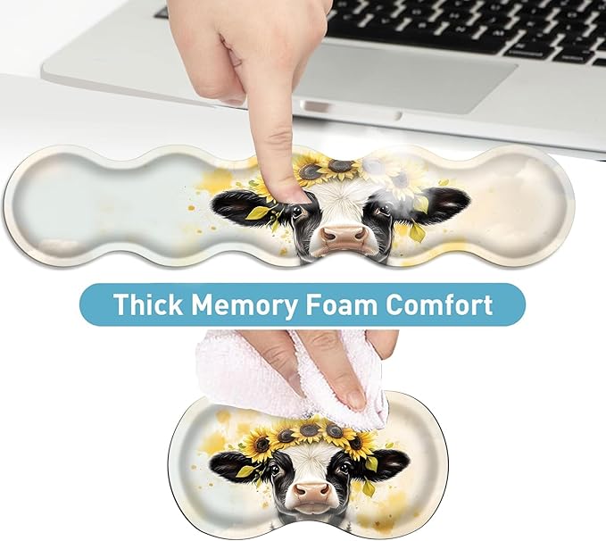 Keyboard Mouse Pad Set Extended Gaming Mouse Pad+Ergonomics Keyboard Wrist Rest Support Memory Foam Easy Typing Pain Relief 4Pcs XL Ultra Thick Desk MatCow with Sunflower