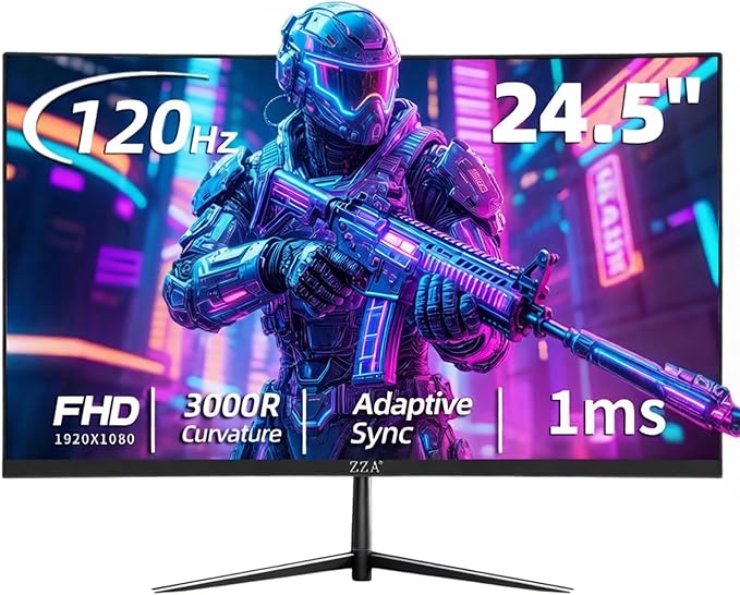 ZZA 24.5 120Hz Curved Gaming Monitor | FHD 1080P Frameless Design AMD FreeSync Low Motion Blur Eye Care Technology DisplayPort &amp HDMI Connectivity VESA Wall Mount Compatible - Black