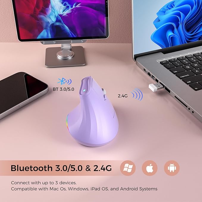 KYSONA 57° Wireless Ergonomic Mouse Vertical Mouse Carpal Tunnel Mouse RGB Light Rechargeable Bluetooth &amp 2.4G 5-level DPI Adjustment Quiet Click Ergo Mice Compatible with PC/Laptop/Mac Pu