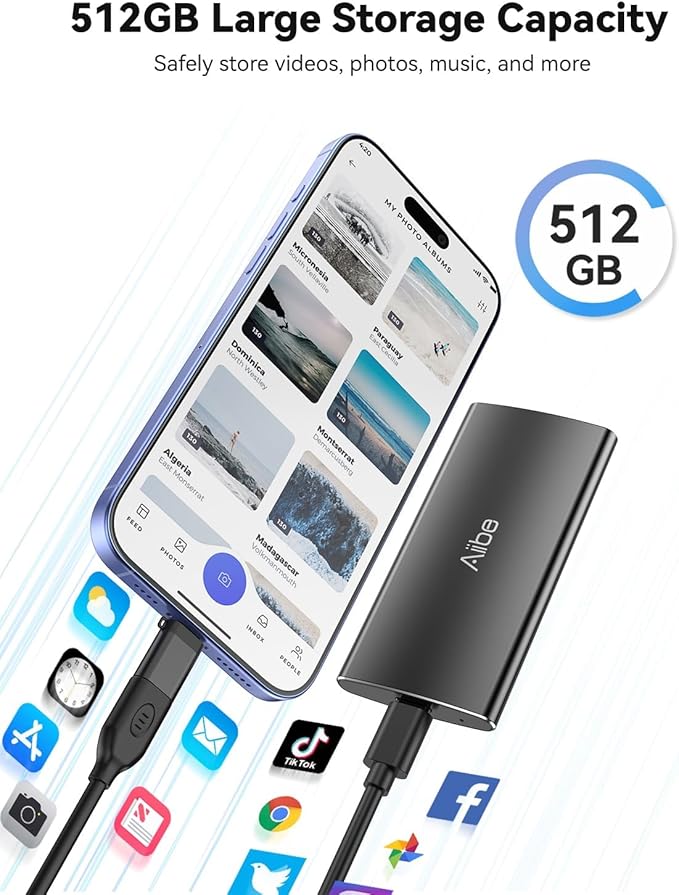 Aiibe 500GB External Solid State Drive USB C Portable SSD USB 3.2 Gen 2 Up to 1050MB/s External SSD 500GB External Hard Drive for iPhone 15/Pro Laptop Mac and PS4 (Black)