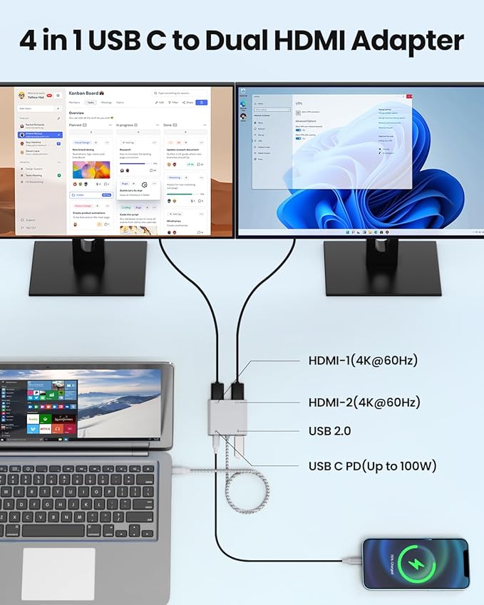 USB C to Dual HDTV Adapter Silver 19.7in Braided Cable with 4K@60Hz with 100W PD USB-A Support C to 2 HD Splitter Extended Display for Type C Devices (MacOS only Mirrors Same Screen)