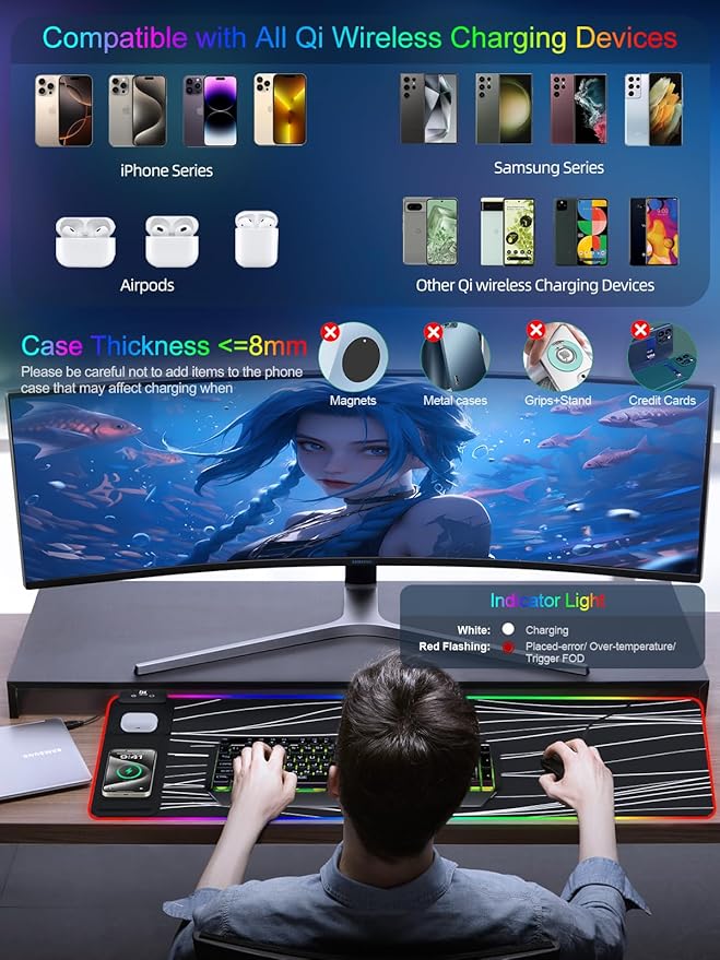 XXL Mouse Pad with Foldable Phone Holder - Black RGB Desk Mat with 15W Fast Charging LED Gaming Mousepad with 11 Light Colors Waterproof Non-Slip Pad (Stand XXL RGB Wavy)