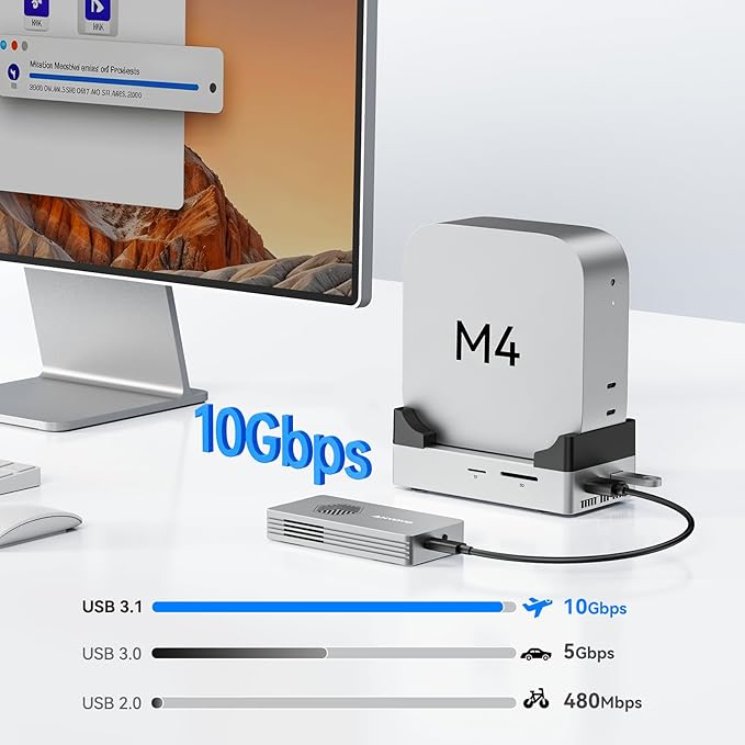 ANYOYO 10Gbps Mac mini M4 Dock and Stand with 8TB NVMe M.2 SSD Enclosure HDMI 4K@60Hz 2× USB-A 3.2（10Gbps） 2× USB-A 2.0 Wi-Fi Signal Friendly Design Aluminum USB-C Hub for Mac mini M4