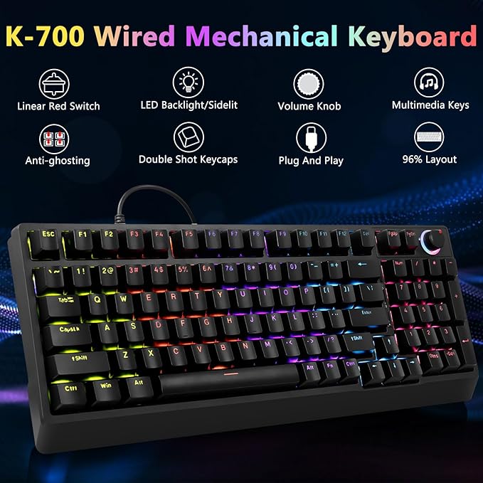HUO JI Mechanical Gaming Keyboard Wired 17 LED Backlit Modes Liner Red Switch Volume Knob Anti-Ghosting Double-Shot Shine Through Keycaps 96% Light Up Keyboard for PC Mac