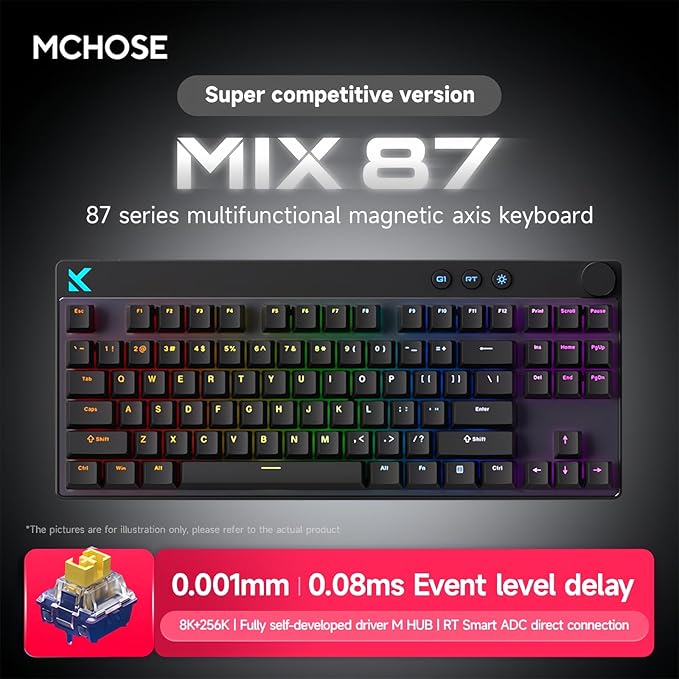 MCHOSE Mix 87 Magnetic Switch Rapid Trigger Gaming KeyboardHall Effect Hyper-Fast Adjustable Actuation Wired TKL Keyboard with Smart RT Mode Knob RGB Translucent Keycaps for PC Gamer (Black)